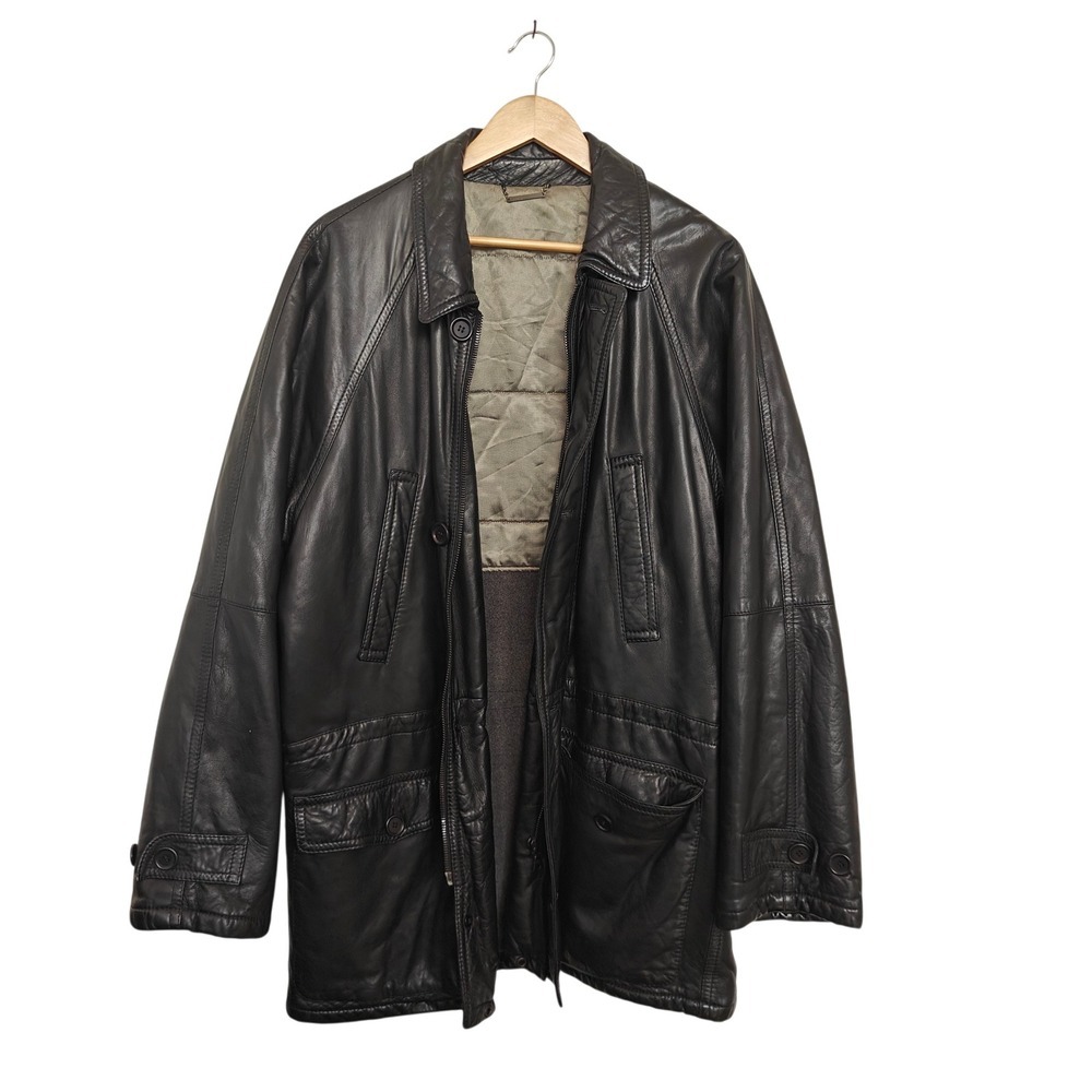 Wilkes Bashford Black Leather Coat Made in Italy Wool Cashmere Lined